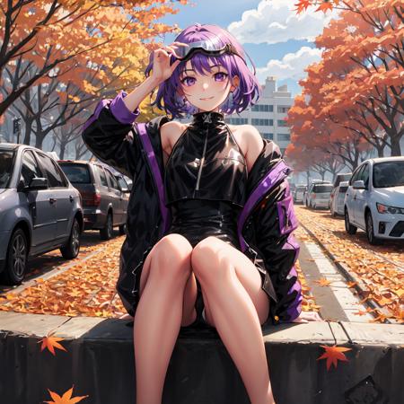 26759-1846165621-masterpiece, best quality,1girl,straight-on,parking lot,in autumn, legs apart, light smile,goggles, purple hair,.png